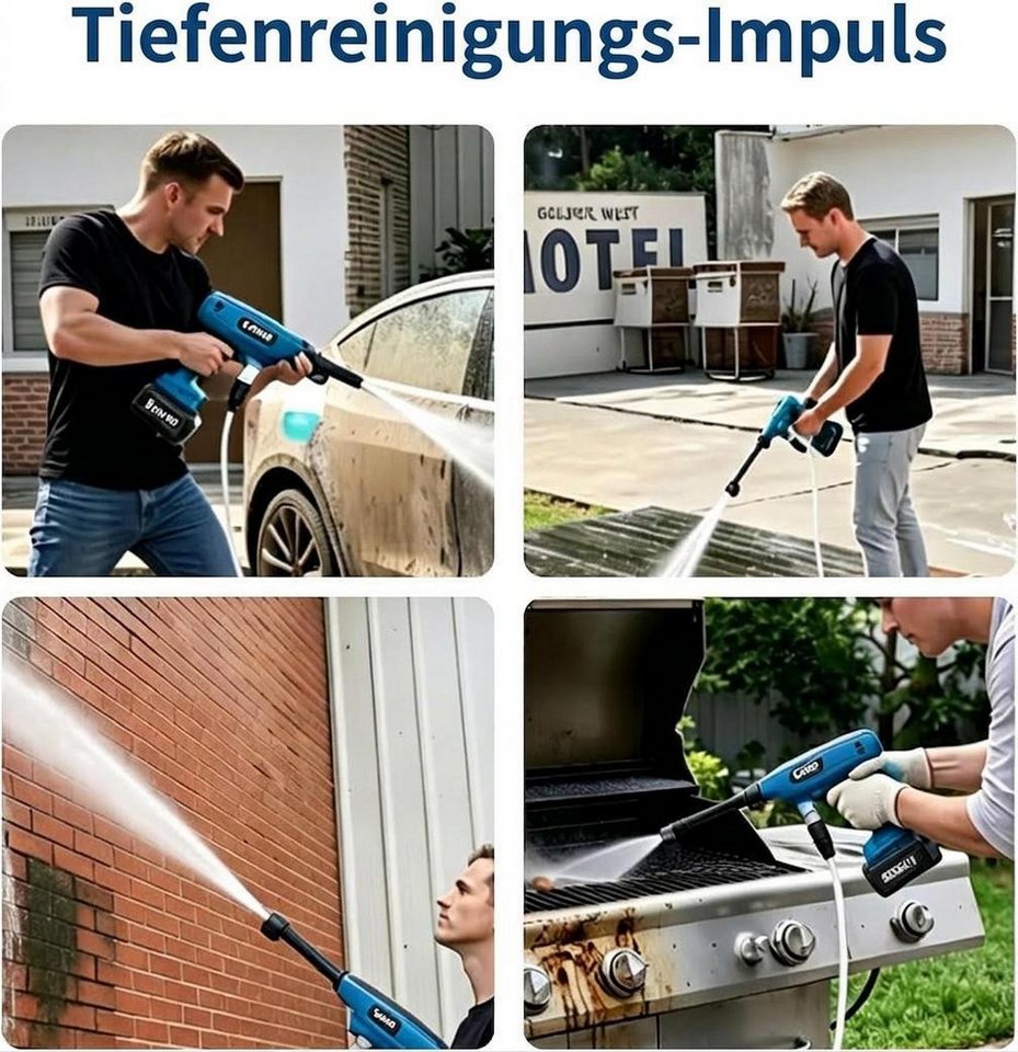 GarveeMore Hochdruckreiniger Tragbarer kabelloser 6-in-1 tragbare Puls-Wasserpistole mit Akku, für Aut, Fahrrad, Terrasse, Garten,- Inklusive Schlauch & Koffer