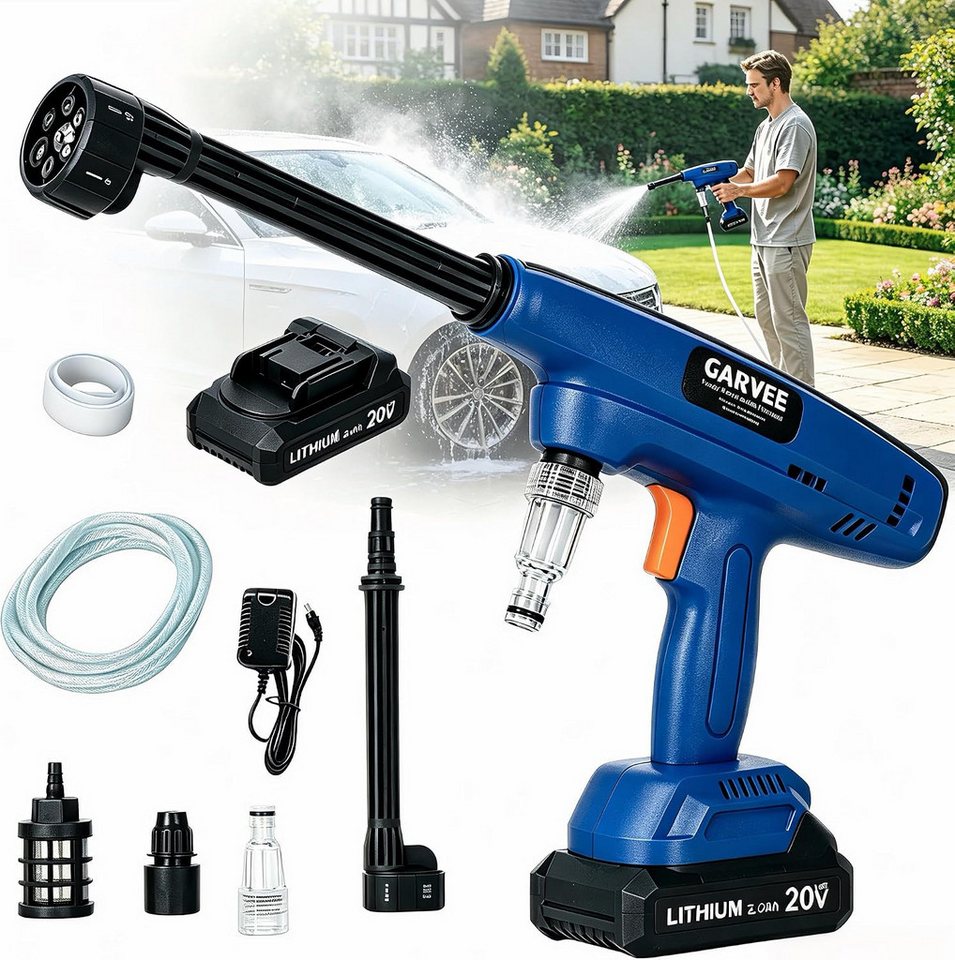 GarveeMore Hochdruckreiniger Tragbarer kabelloser 6-in-1 tragbare Puls-Wasserpistole mit Akku, für Aut, Fahrrad, Terrasse, Garten,- Inklusive Schlauch & Koffer Bild 4