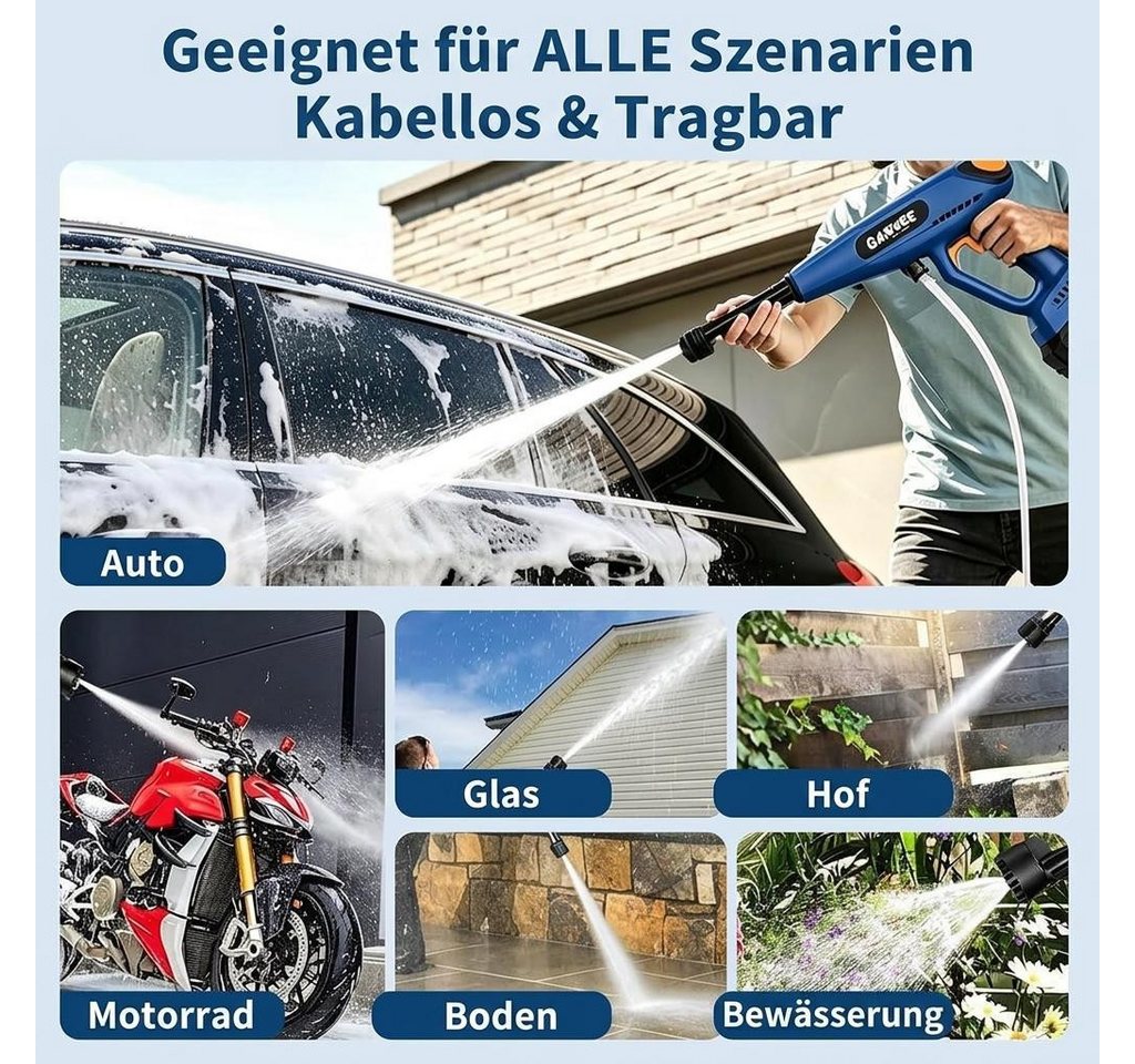 GarveeMore Hochdruckreiniger Tragbarer kabelloser 6-in-1 tragbare Puls-Wasserpistole mit Akku, für Aut, Fahrrad, Terrasse, Garten,- Inklusive Schlauch & Koffer Bild 5