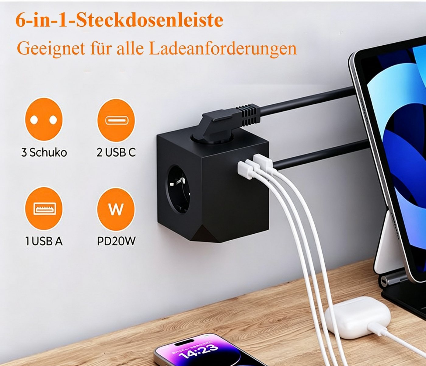 wohnTRAUM24 Mehrfachsteckdose Würfel mit Magnetpad PD20W 6in1 Mehrfachsteckdose Mehrfachsteckdose 6-fach (3680W 16A,USB PD20W, USB-Anschlüsse, Kinderschutz, Überlastschutz, Überspannungsschutz, Blitzschutz, Kurzsichlussschutz), mit USB Typ-C,Steckdosenleiste für Küche Büro Schlafzimmer Wohnzimmer Bild 2
