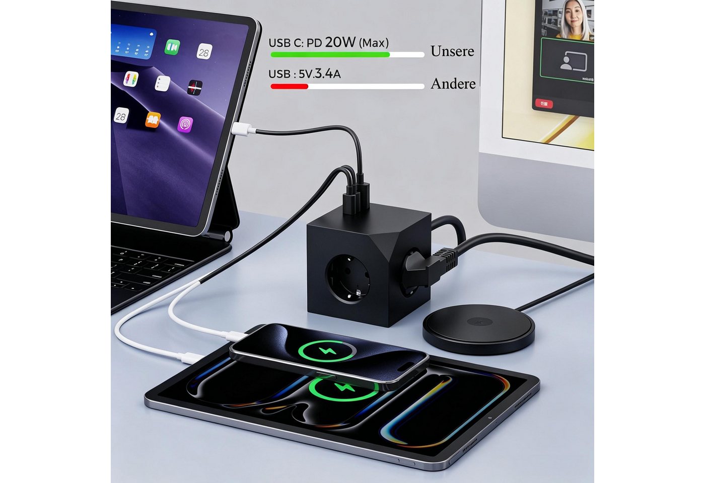wohnTRAUM24 Mehrfachsteckdose Würfel mit Magnetpad PD20W 6in1 Mehrfachsteckdose Mehrfachsteckdose 6-fach (3680W 16A,USB PD20W, USB-Anschlüsse, Kinderschutz, Überlastschutz, Überspannungsschutz, Blitzschutz, Kurzsichlussschutz), mit USB Typ-C,Steckdosenleiste für Küche Büro Schlafzimmer Wohnzimmer Bild 3