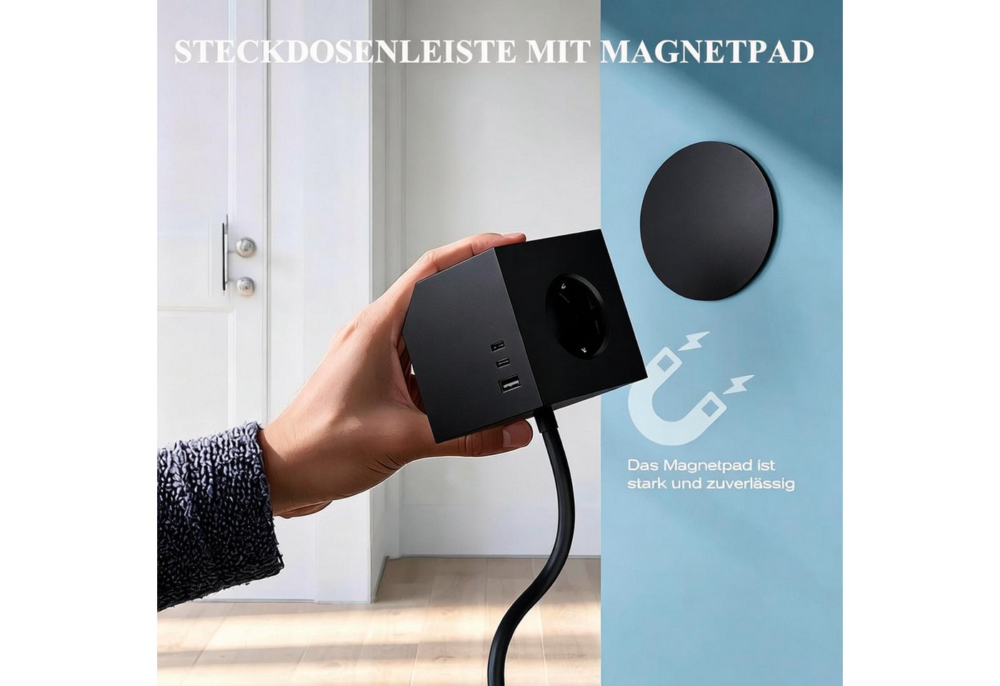 wohnTRAUM24 Mehrfachsteckdose Würfel mit Magnetpad PD20W 6in1 Mehrfachsteckdose Mehrfachsteckdose 6-fach (3680W 16A,USB PD20W, USB-Anschlüsse, Kinderschutz, Überlastschutz, Überspannungsschutz, Blitzschutz, Kurzsichlussschutz), mit USB Typ-C,Steckdosenleiste für Küche Büro Schlafzimmer Wohnzimmer Bild 4