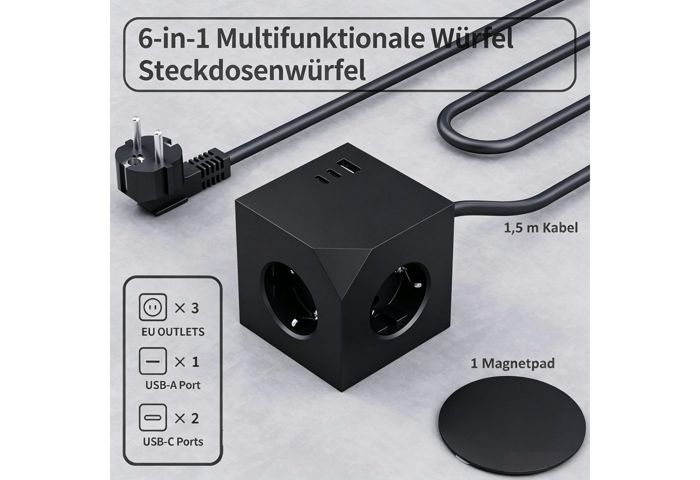 wohnTRAUM24 Mehrfachsteckdose Würfel mit Magnetpad PD20W 6in1 Mehrfachsteckdose Mehrfachsteckdose 6-fach (3680W 16A,USB PD20W, USB-Anschlüsse, Kinderschutz, Überlastschutz, Überspannungsschutz, Blitzschutz, Kurzsichlussschutz), mit USB Typ-C,Steckdosenleiste für Küche Büro Schlafzimmer Wohnzimmer Bild 5