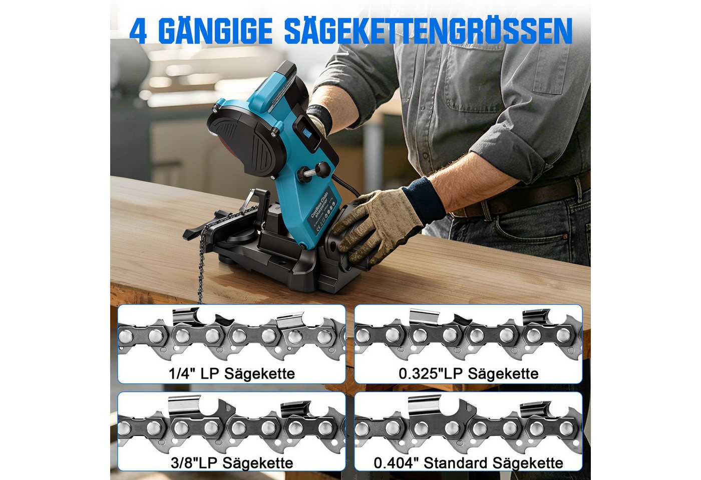 XIIW Sägekettenschärfgerät Akku-Kettenschärfer 220W 6500U/min LED Schärfstation für Makita 18V, (Tiefenanschlag, Winkelskala, Kettenspannvorrichtung, Schleifscheibe), für Ketten mit Teilungen 1/4”, 0,325”, 3/8”, 0,404