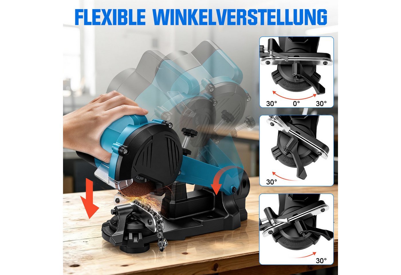 XIIW Sägekettenschärfgerät Akku-Kettenschärfer 220W 6500U/min LED Schärfstation für Makita 18V, (Tiefenanschlag, Winkelskala, Kettenspannvorrichtung, Schleifscheibe), für Ketten mit Teilungen 1/4”, 0,325”, 3/8”, 0,404 Bild 2