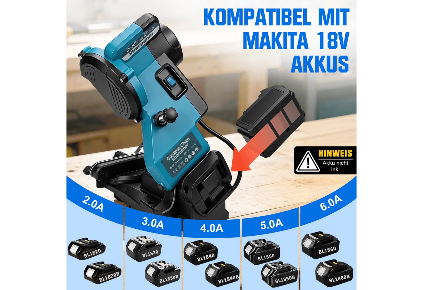 XIIW Sägekettenschärfgerät Akku-Kettenschärfer 220W 6500U/min LED Schärfstation für Makita 18V, (Tiefenanschlag, Winkelskala, Kettenspannvorrichtung, Schleifscheibe), für Ketten mit Teilungen 1/4”, 0,325”, 3/8”, 0,404 Bild 4