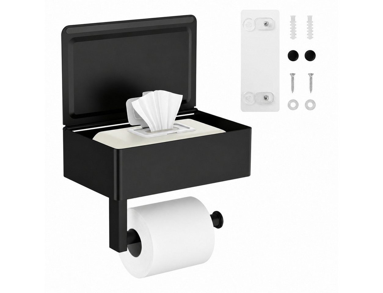 Toomoke Toilettenpapierhalter Klopapierhalter mit Feuchttücherbox,selbstklebend oder Bohrenfür Bad (Toilettenpapierhalter mit Ablage, Wandhalterung aus SUS 304 Edelstahl), zur Aufbewahrung von Toilettenpapier und spülbaren Feuchttüchern