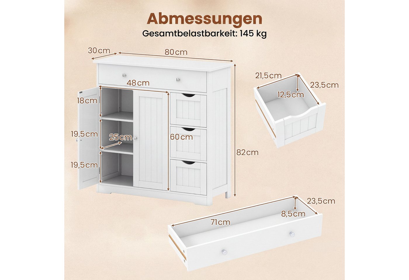 COSTWAY Badkommode, Badezimmerschrank Holz mit 4 Schubladen weiß 80x30x82cm