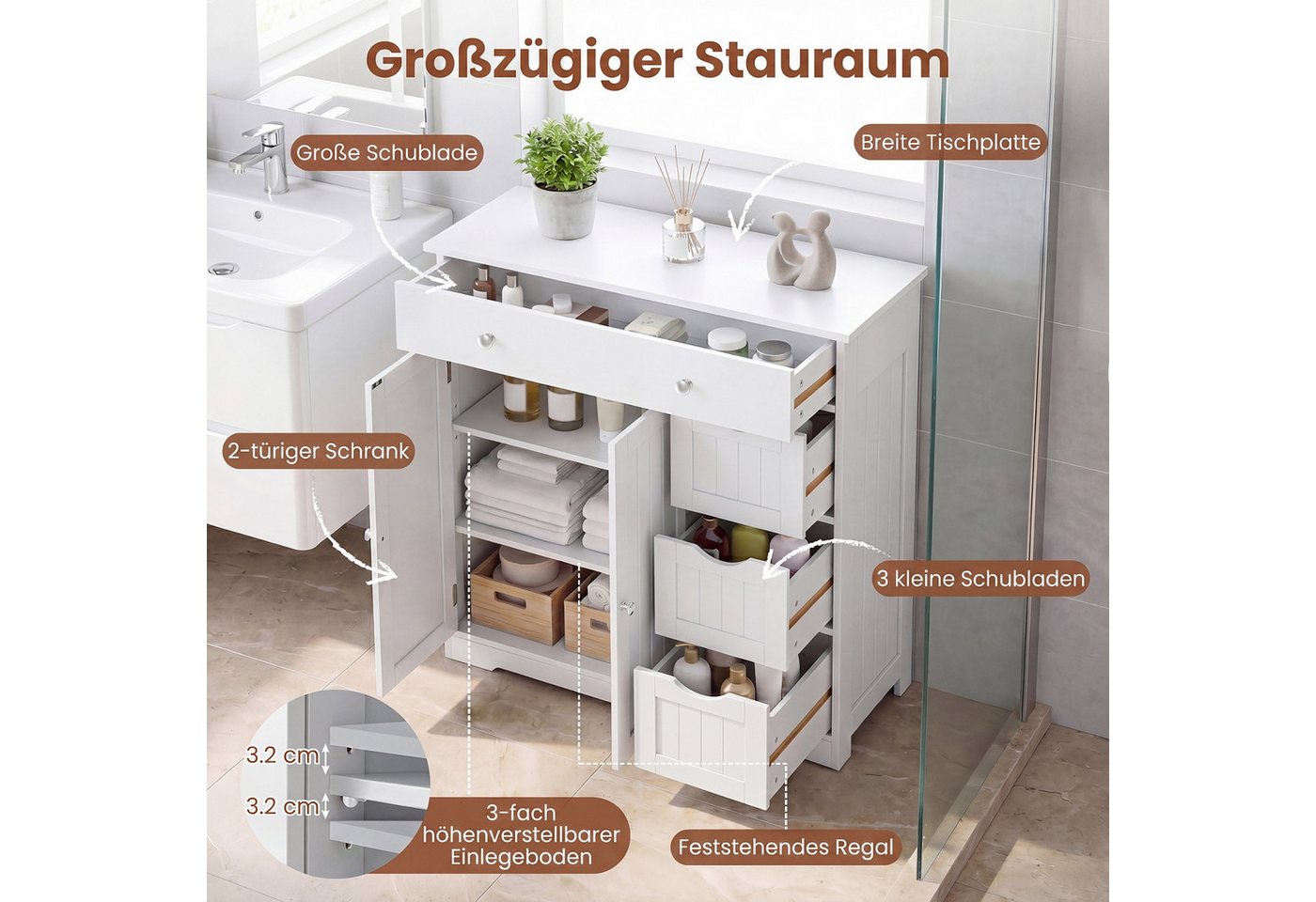 COSTWAY Badkommode, Badezimmerschrank Holz mit 4 Schubladen weiß 80x30x82cm Bild 2