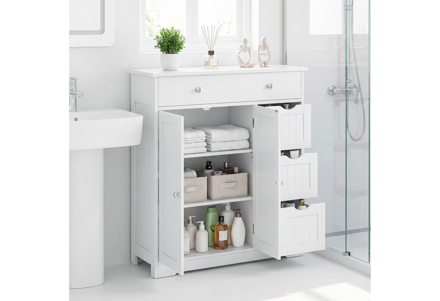 COSTWAY Badkommode, Badezimmerschrank Holz mit 4 Schubladen weiß 80x30x82cm Bild 5