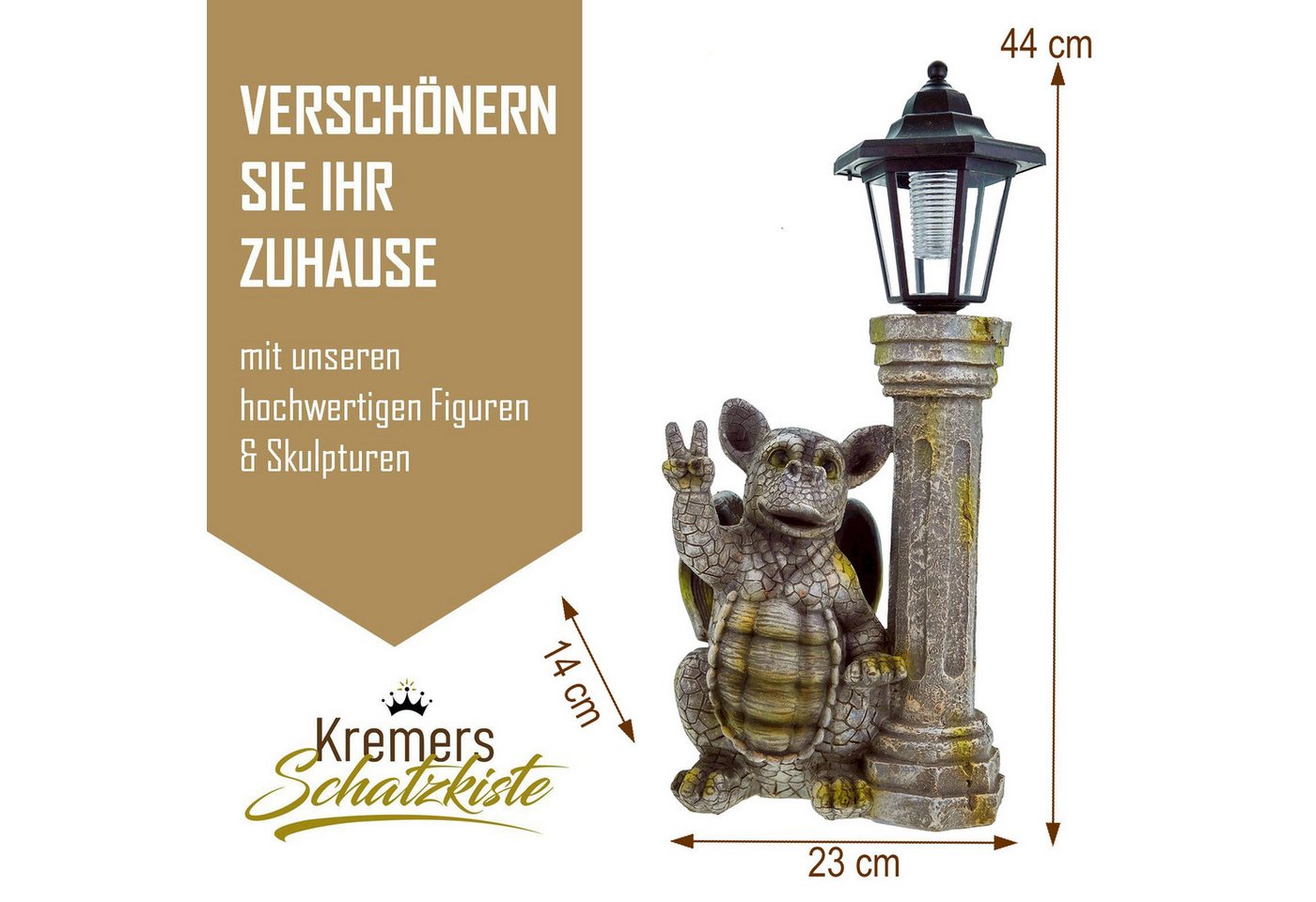 Kremers Schatzkiste Gartenfigur Gartenfigur Drachenkind Peace mit LED Solar Laterne 44 cm Polyresin Bild 5