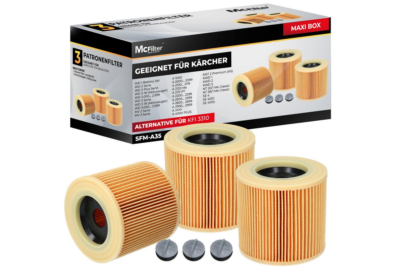 McFilter Patronenfilter (3 Filter) Lamellenfilter für Kärcher, Alternative zu KFI 3310, für Kärcher Nass-Trockensauger Staubsauger WD 3.300 3.320 3.370 M, wie Kärcher 6.414-552.0, 6.414-772.0, 6.414-547.0, (3-St., Filter + Verschlussschraube), gegen Feinstaub & Gerüche Bild 3