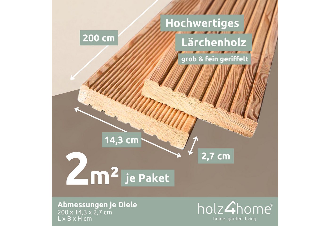 holz4home® Terrassendielen Lärchenholz 2m² Fläche I Witterungsbeständig I Beidseitig geriffelt, 2 m², 27 mm Stärke, (Packung), Grob & Fein geriffelt, Rutschfest Bild 2