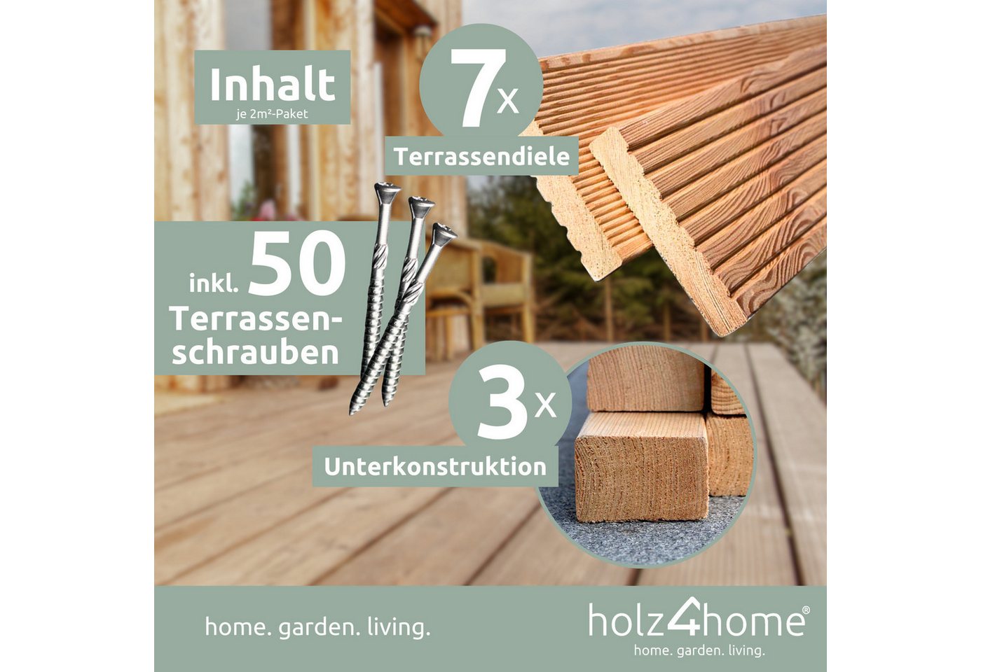 holz4home® Terrassendielen Lärchenholz 2m² Fläche I Witterungsbeständig I Beidseitig geriffelt, 2 m², 27 mm Stärke, (Packung), Grob & Fein geriffelt, Rutschfest Bild 4