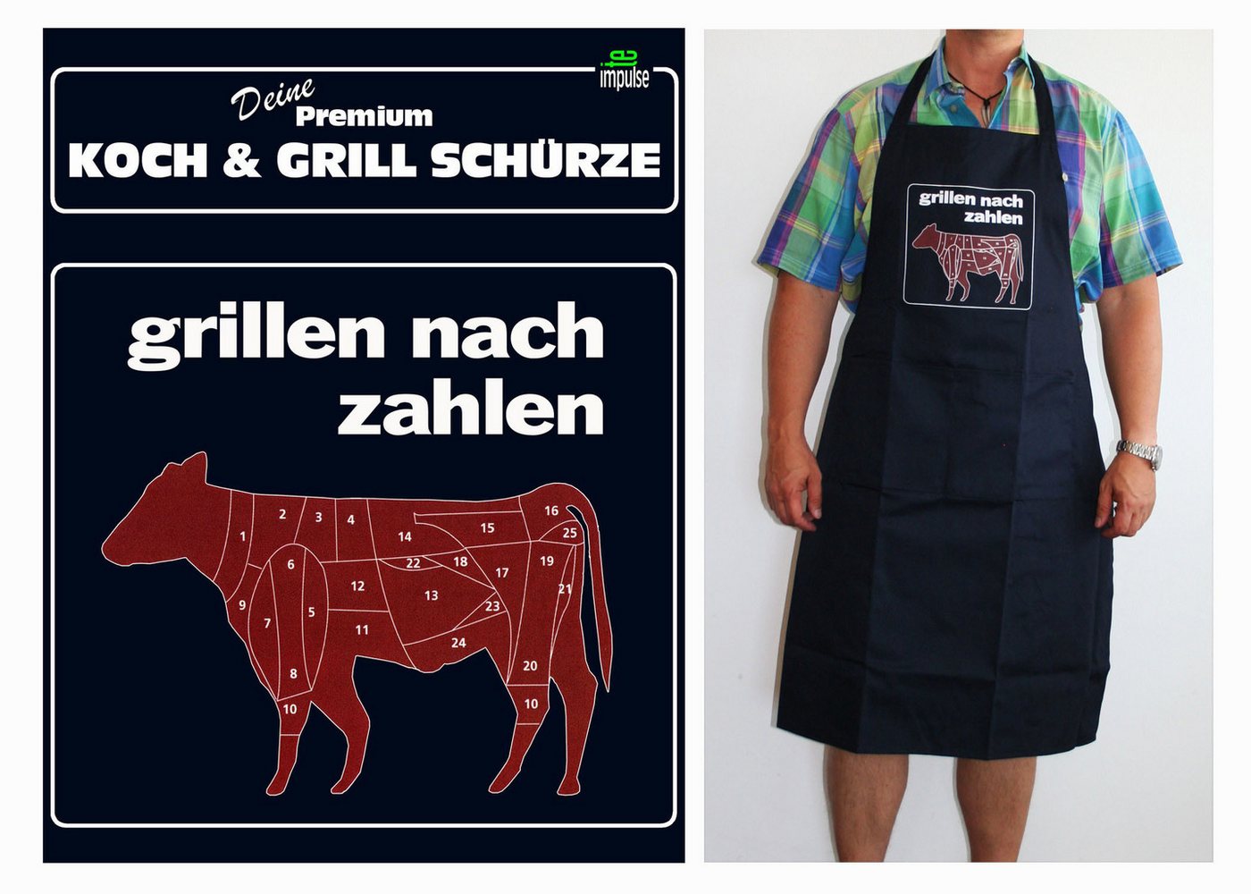 teprovo Grillschürze Kochschürze Schürze 116cm Dunkelblau Grillen nach Zahlen, (1-tlg., integrierte Taschen), mit Spruch Bild 2