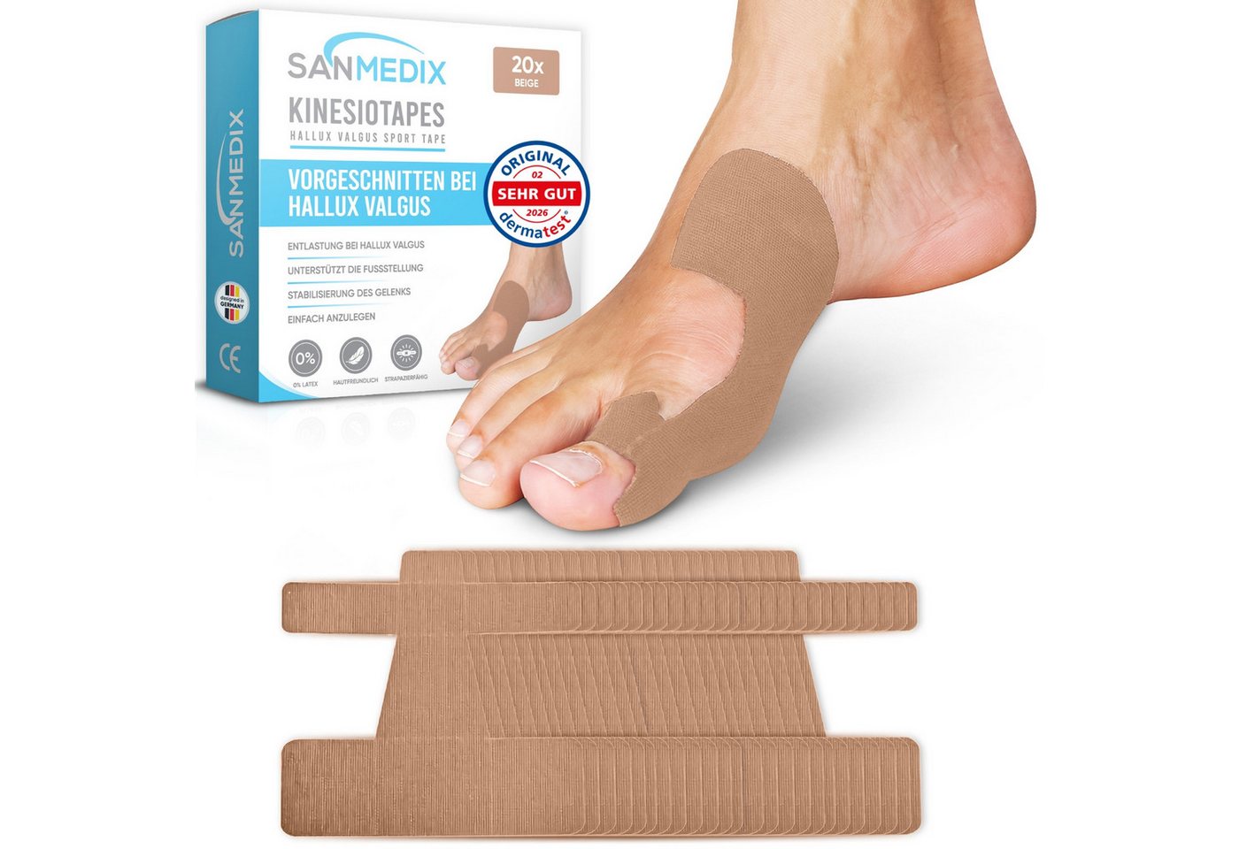 Sanmedix Kinesiologie-Tape Hallux Valgus Precut Kinesiotapes Vorgeschnitten bei Ballenzeh, atmungsaktiv, hautfreundlich, latexfrei Bild 4