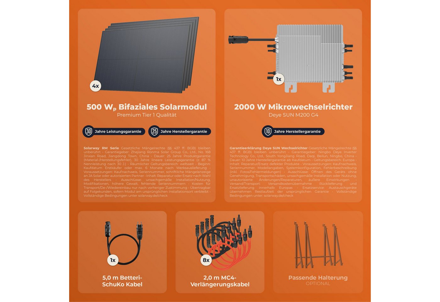 Solarway Balkonkraftwerk 2000 Watt mit Deye 2000 Watt Wechselrichter, Prismatische LiFePO₄-Zellen