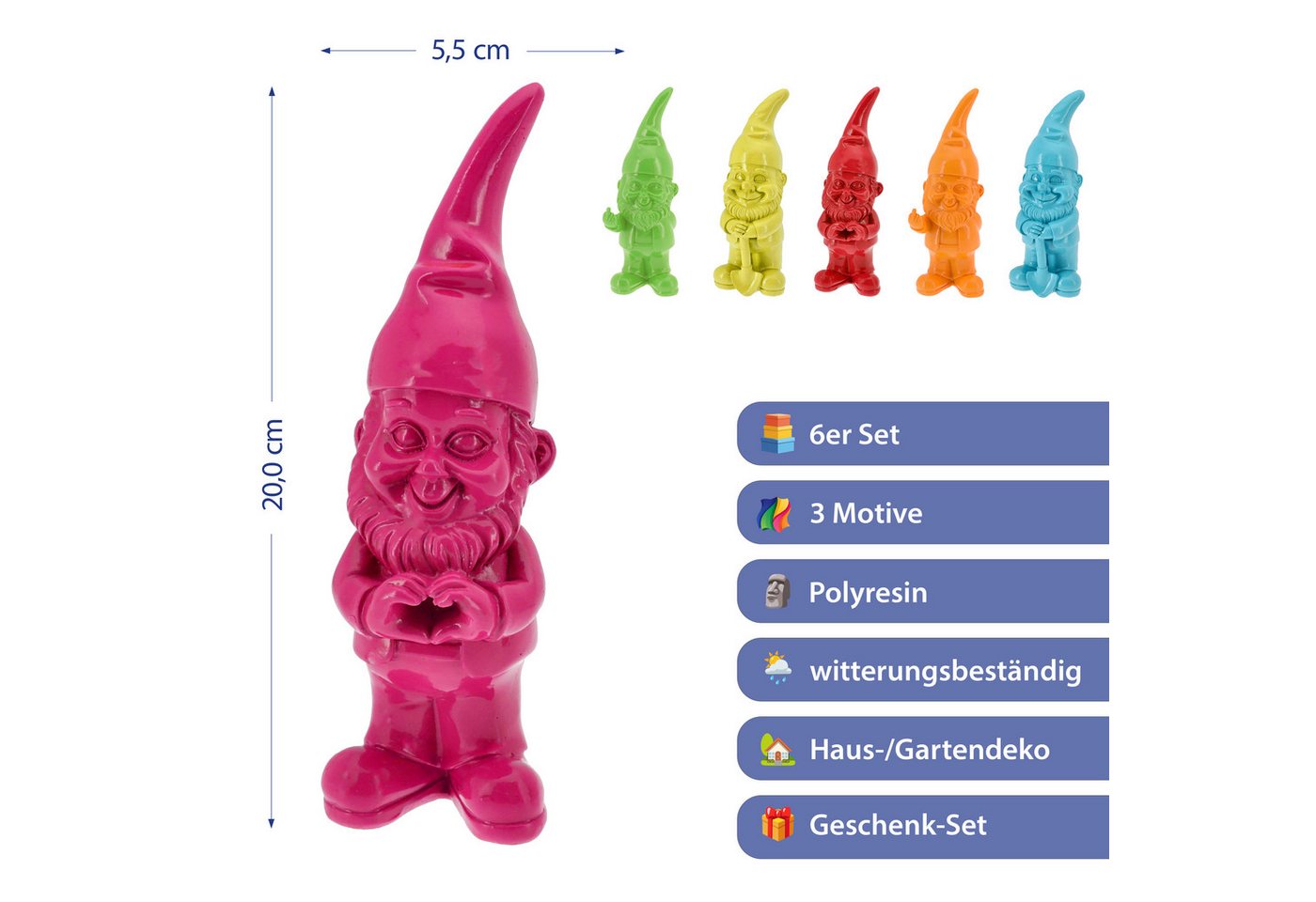 CEPEWA Gartenzwerg Gartenzwerg 6erSet Polyresin pink gelb grün rot orange türkis 5,5x20cm Bild 3
