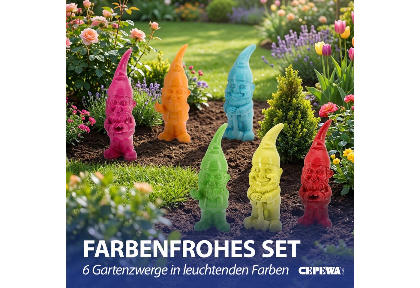 CEPEWA Gartenzwerg Gartenzwerg 6erSet Polyresin pink gelb grün rot orange türkis 5,5x20cm Bild 4