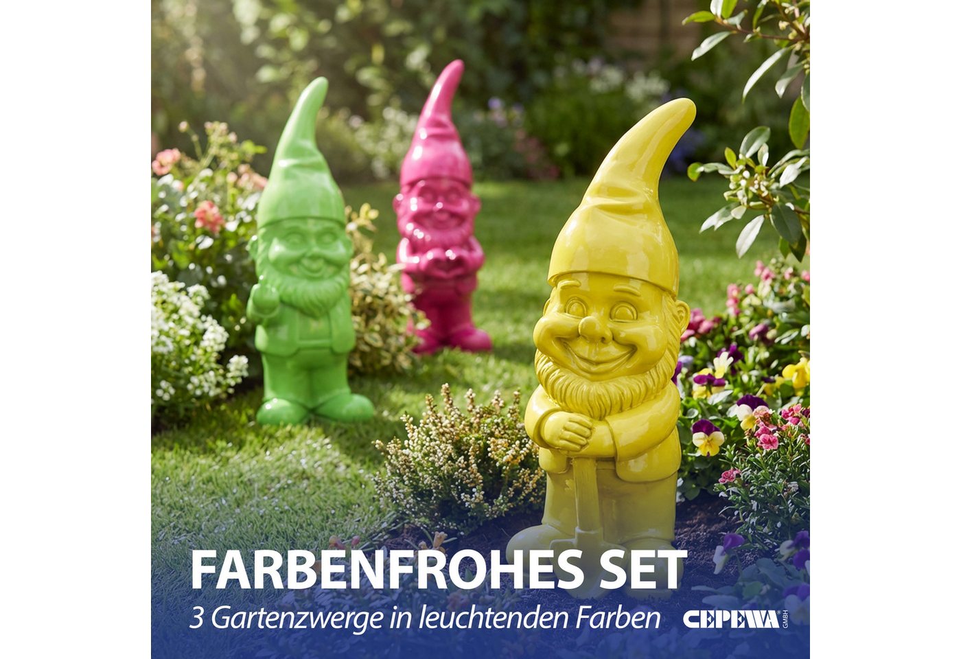 CEPEWA Gartenzwerg XL Gartenzwerg 3er Set Polyresin pink gelb grün 13x40x12cm Figur