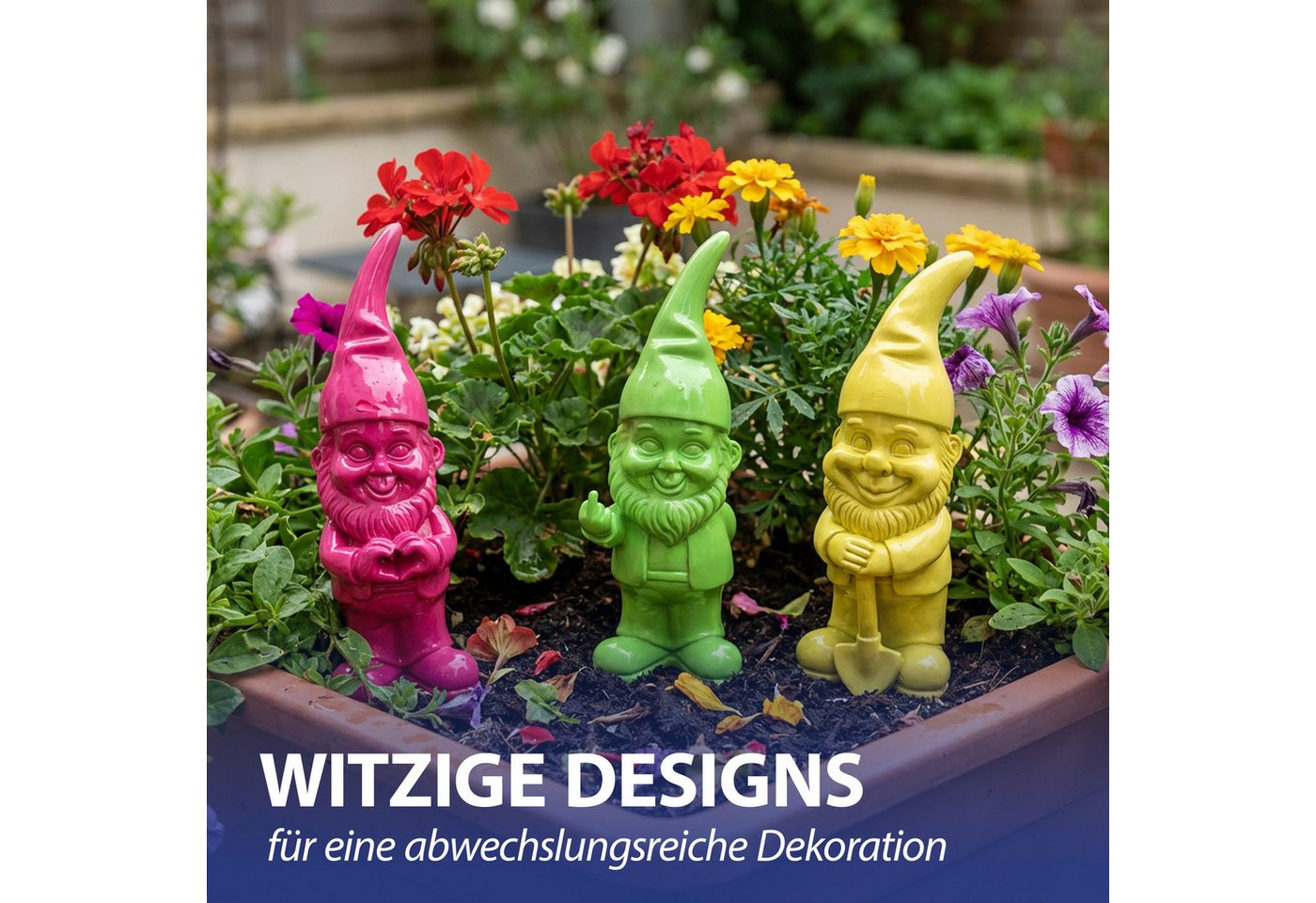 CEPEWA Gartenzwerg XL Gartenzwerg 3er Set Polyresin pink gelb grün 13x40x12cm Figur Bild 4