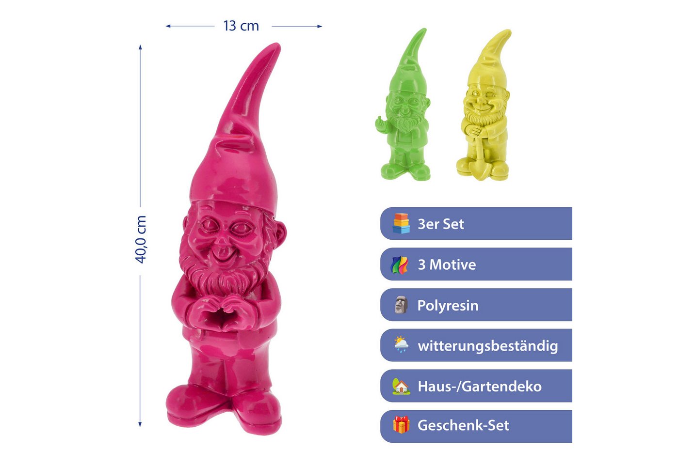 CEPEWA Gartenzwerg XL Gartenzwerg 3er Set Polyresin pink gelb grün 13x40x12cm Figur Bild 5