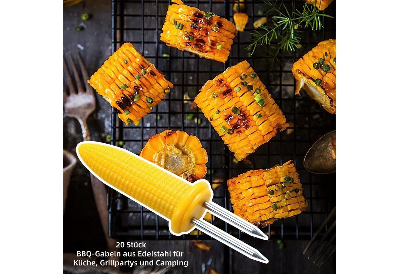 FOUORTUNATE-BEE Maiskolbenhalter 20 Maiskolbenhalter aus Edelstahl – Grillspieße für Mais (20-St), BBQ-Maisgabeln, Grillzubehör für sicheren Halt beim Essen