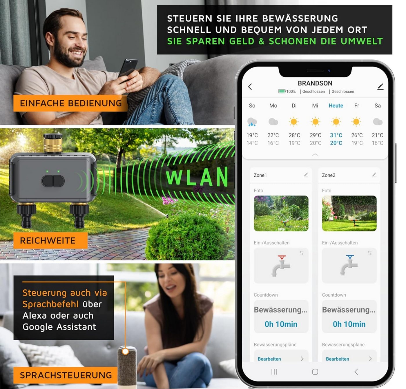 Blossom Bewässerungscomputer Smart mit WLAN - 2 Ausgänge WiFi Bewässerungssystem Garten mit App, (Sprachsteuerung, Automatische Bewässerung Regenverzögerung), Bewässerungstimer Alexa & Google Assistant kompatibel, IPX5 Bild 2