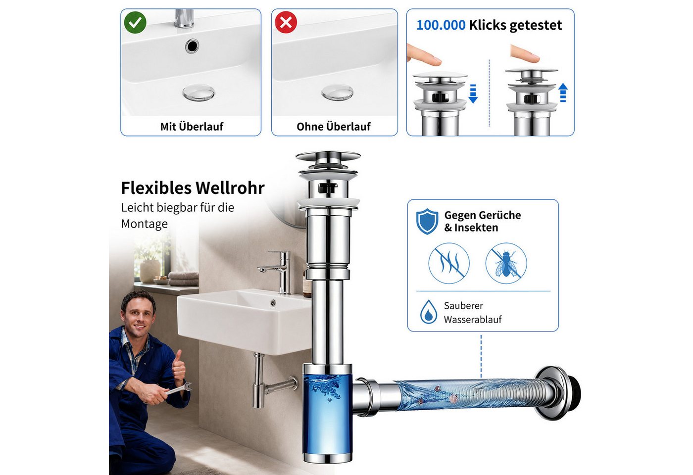 HOMELODY Ablaufgarnitur Design Siphon Waschbecken mit Ablaufgarnitur Edelstahl Chrom Pop Up Ablauf mit Überlauf, flexiblem Wellrohr und Geruchsverschluss