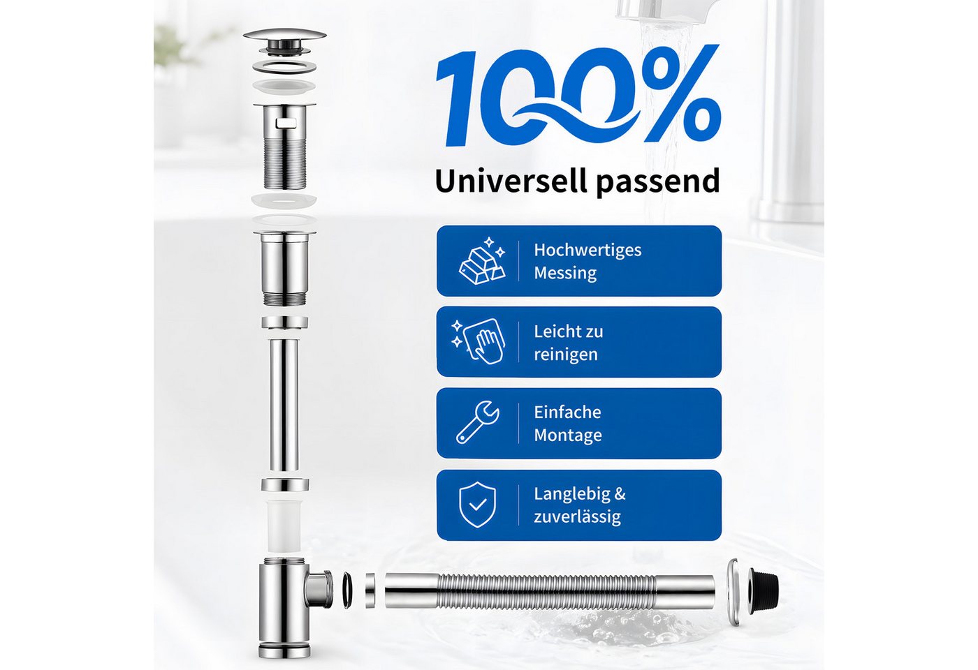 HOMELODY Ablaufgarnitur Design Siphon Waschbecken mit Ablaufgarnitur Edelstahl Chrom Pop Up Ablauf mit Überlauf, flexiblem Wellrohr und Geruchsverschluss Bild 2