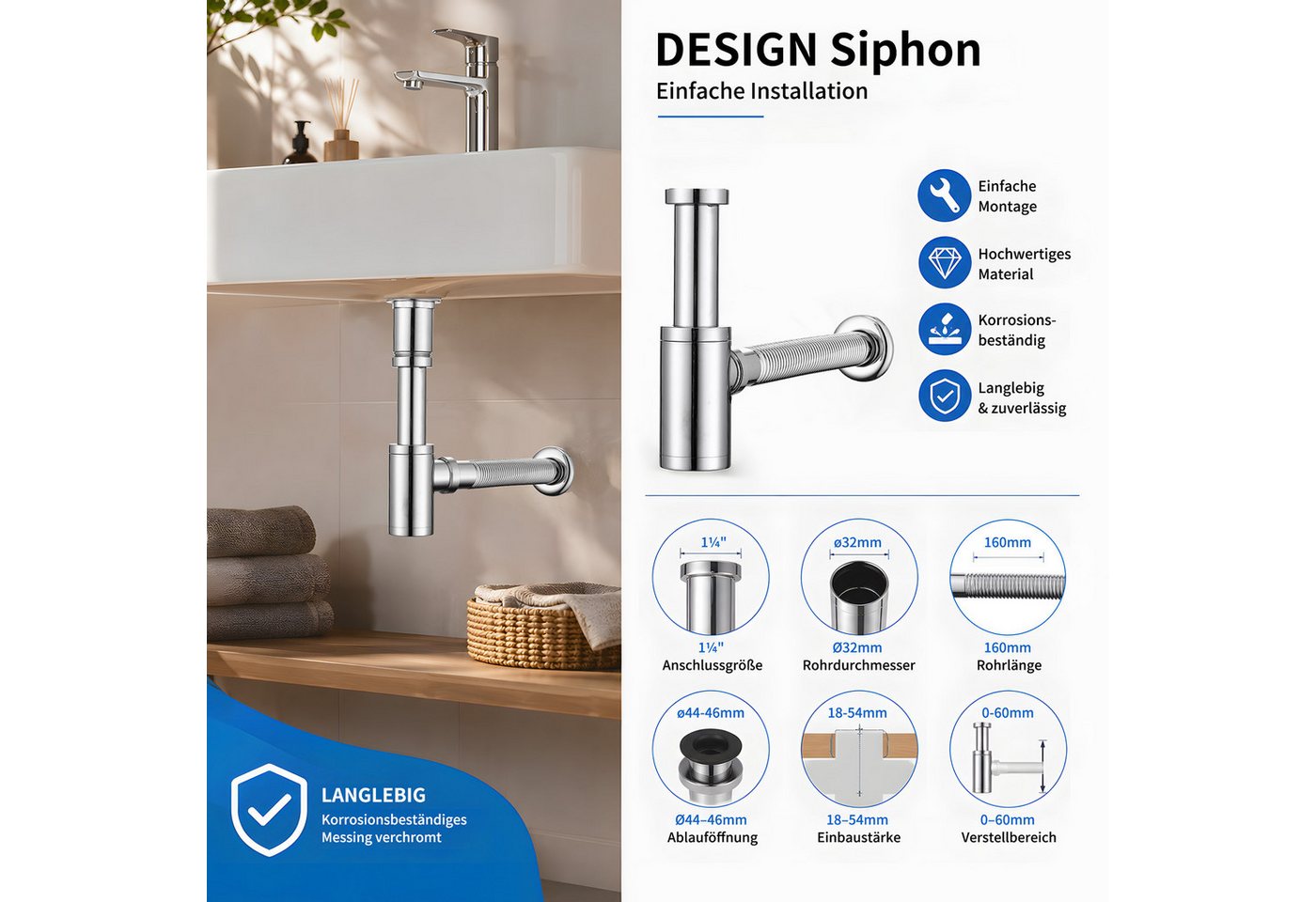 HOMELODY Ablaufgarnitur Design Siphon Waschbecken mit Ablaufgarnitur Edelstahl Chrom Pop Up Ablauf mit Überlauf, flexiblem Wellrohr und Geruchsverschluss Bild 4