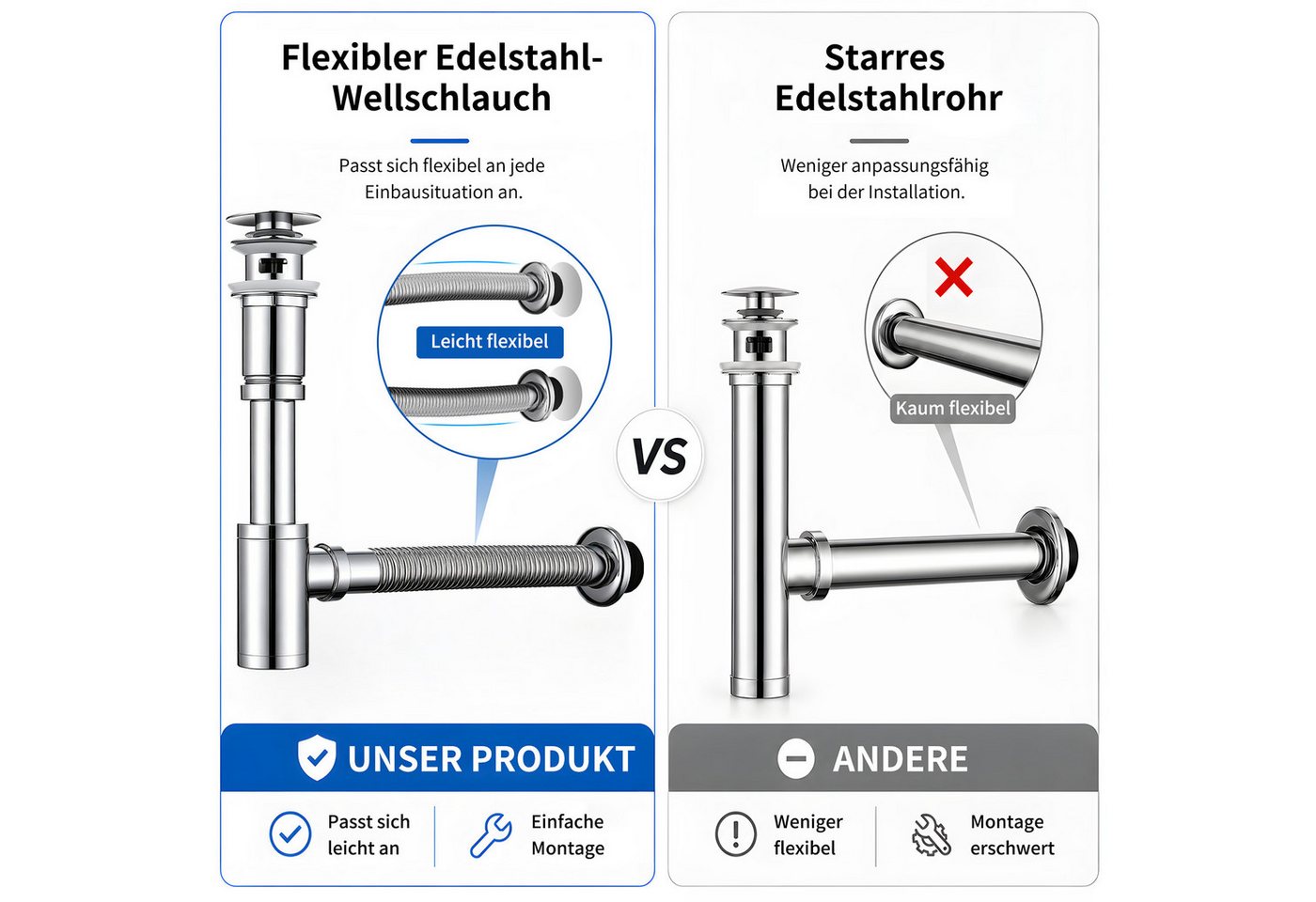 HOMELODY Ablaufgarnitur Design Siphon Waschbecken mit Ablaufgarnitur Edelstahl Chrom Pop Up Ablauf mit Überlauf, flexiblem Wellrohr und Geruchsverschluss Bild 5