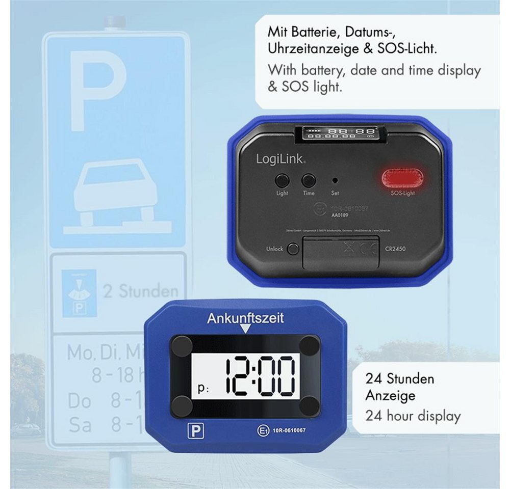 LogiLink elektronische Parkscheibe AA0189 Digitale Parkuhr, automatische Aktivierung, 24-Stunden, Automatische Parkzeit, LCD-Anzeige, SOS-Licht Auto