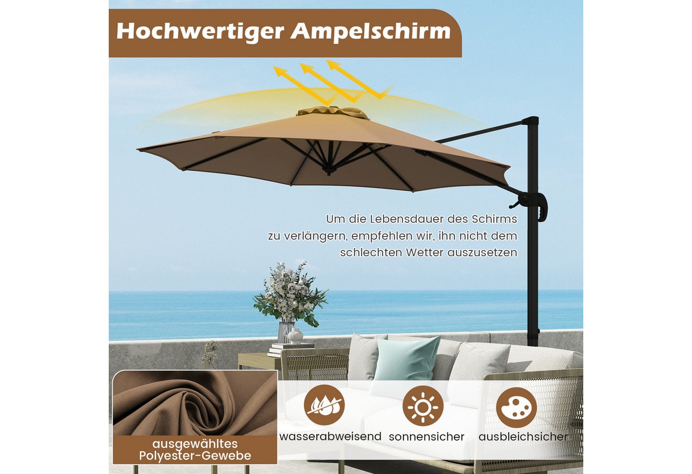 KOMFOTTEU Sonnenschirm, Terrassenschirm mit Kurble, 360°drehbarer Gartenschirm