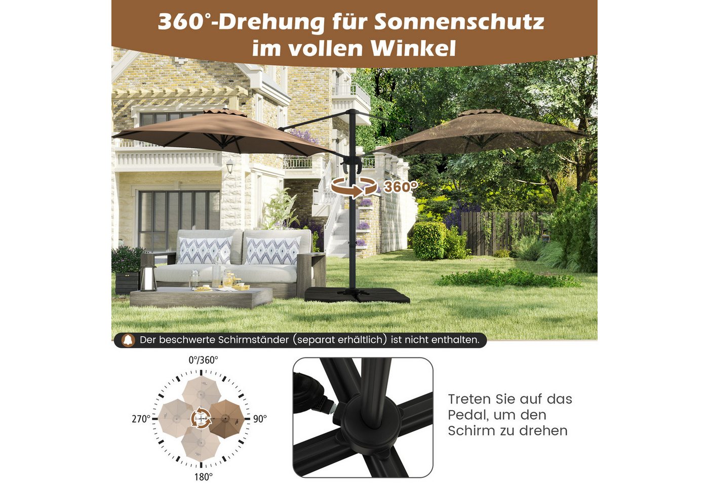 KOMFOTTEU Sonnenschirm, Terrassenschirm mit Kurble, 360°drehbarer Gartenschirm Bild 5