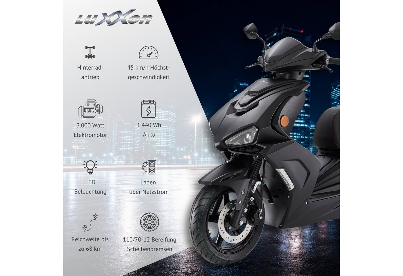 Luxxon E-Motorroller LuXXon F18e (45km/h), 3000 W, 45 km/h, Elektroroller mit Straßenzulassung, LED-Paket Bild 5