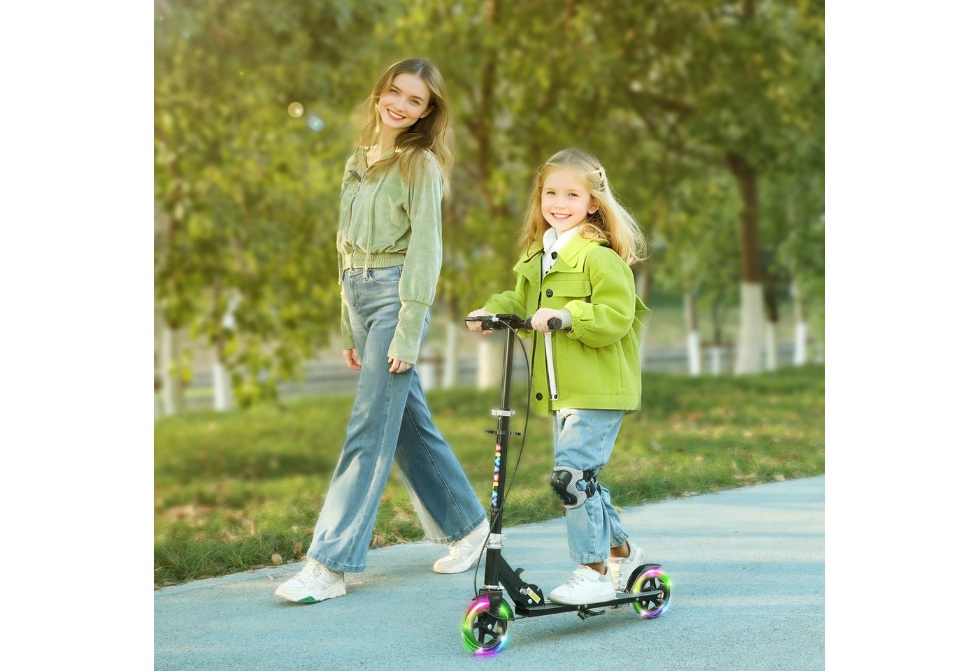 AIYAPLAY Cityroller Roller Kinder Scooter mit Leuchtenden Rädern, Bremse, 0 km/h, (klappbarer Kinderroller, 1 tlg., Höhenverstellbarer Tretroller), Faltbar, Höhenverstellbar, Schwarz