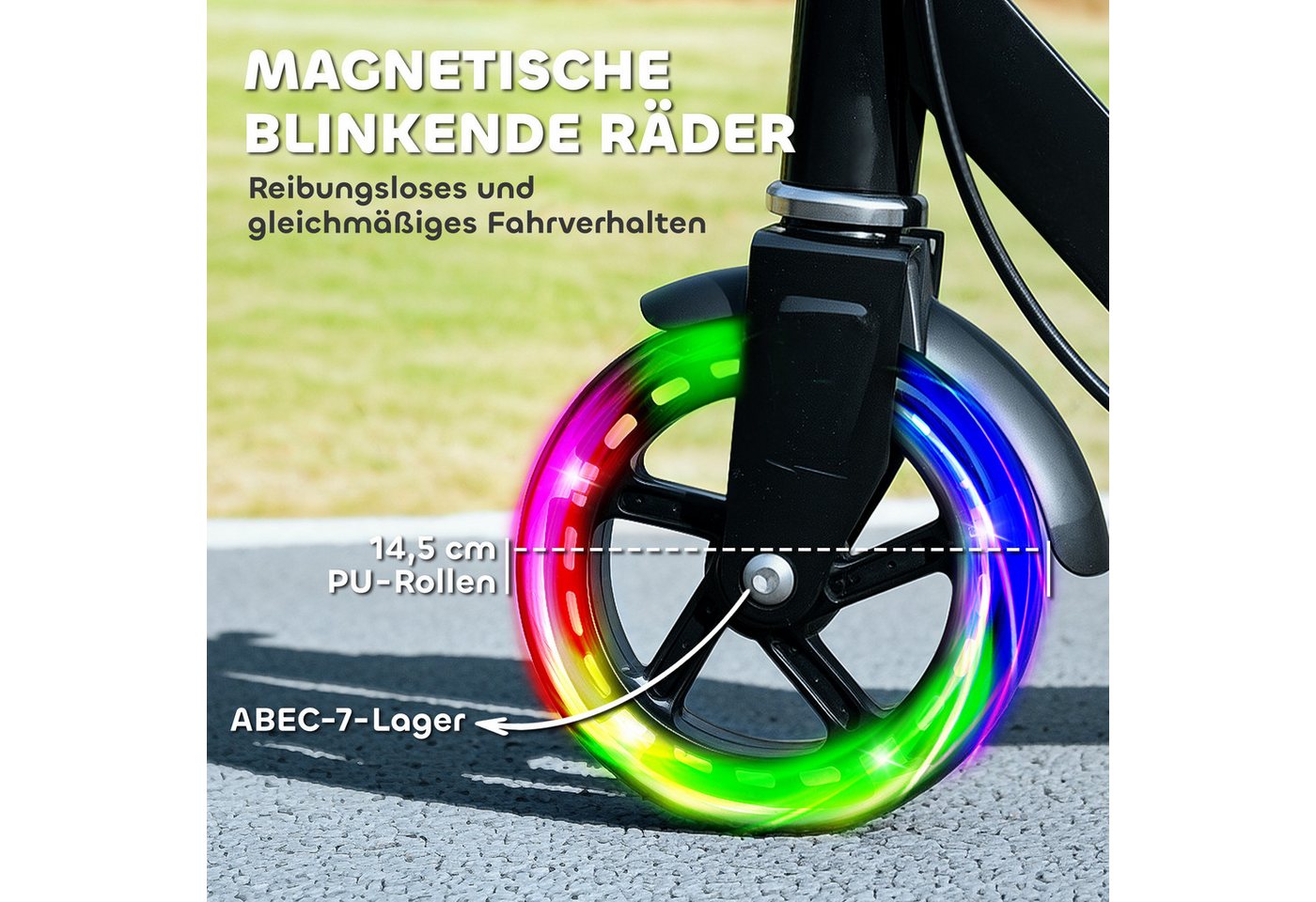 AIYAPLAY Cityroller Roller Kinder Scooter mit Leuchtenden Rädern, Bremse, 0 km/h, (klappbarer Kinderroller, 1 tlg., Höhenverstellbarer Tretroller), Faltbar, Höhenverstellbar, Schwarz Bild 2