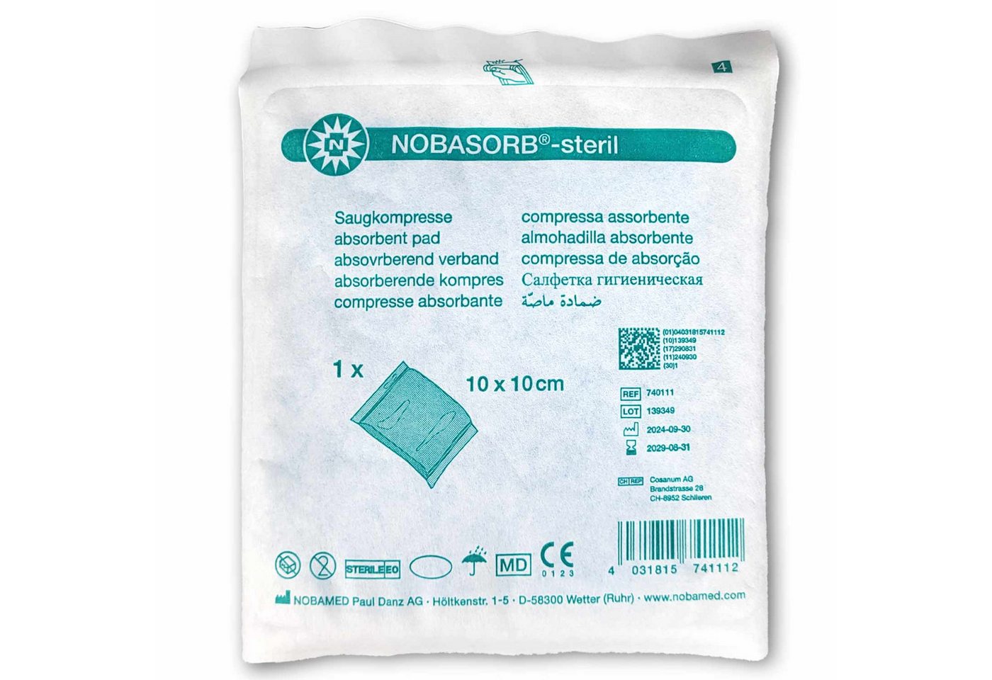 NOBAMED Paul Danz AG Erste-Hilfe-Set Nobasorb steril Saugkompressen 10 x 10 cm, 25 Stück, (1 St), für stark nässende Wunden