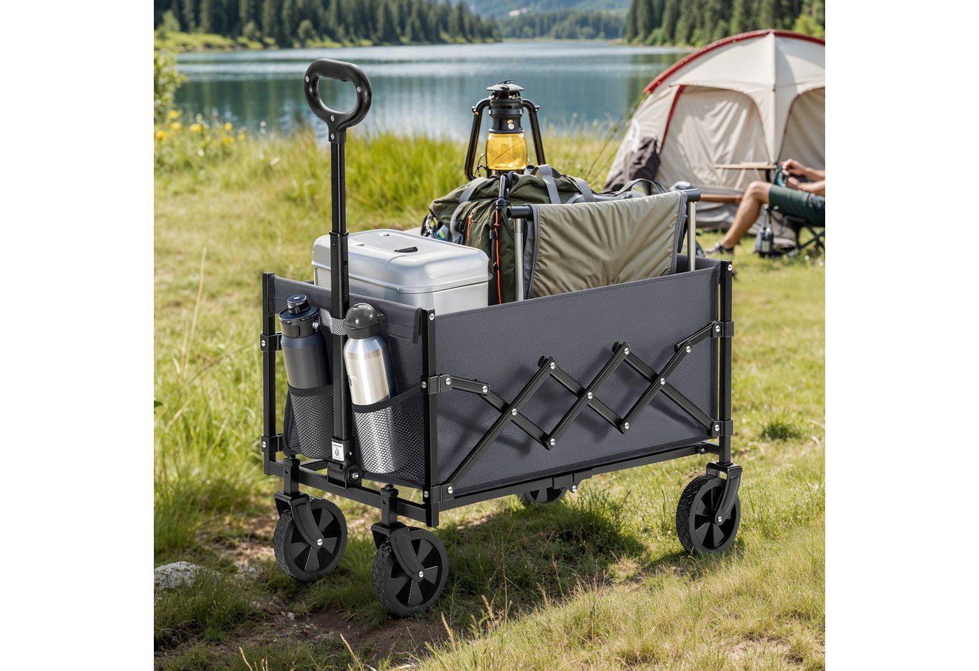 SONGMICS Handwagen altbarer Handwagen/Bollerwagen, Gartenwagen mit Griff, 4 verstärkte Rollen, davon 2 Universalräder, bis 150/180 kg belastbar Bild 2