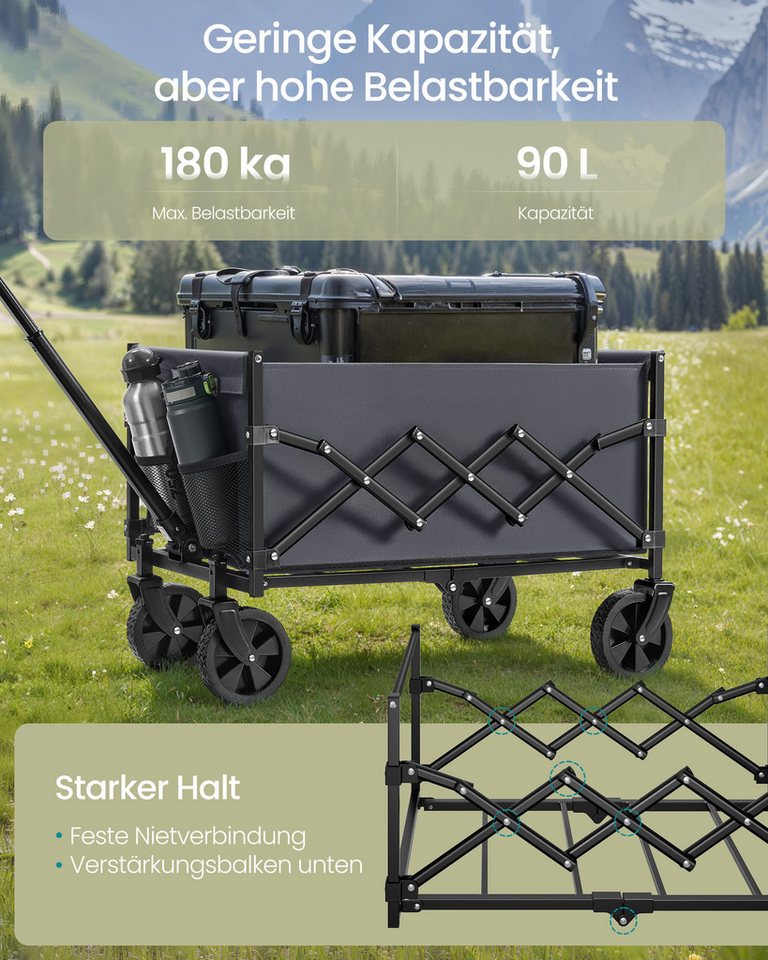 SONGMICS Handwagen altbarer Handwagen/Bollerwagen, Gartenwagen mit Griff, 4 verstärkte Rollen, davon 2 Universalräder, bis 150/180 kg belastbar Bild 3