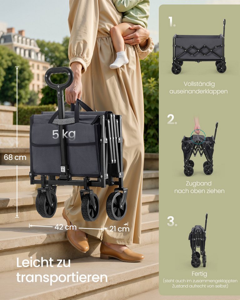 SONGMICS Handwagen altbarer Handwagen/Bollerwagen, Gartenwagen mit Griff, 4 verstärkte Rollen, davon 2 Universalräder, bis 150/180 kg belastbar Bild 4