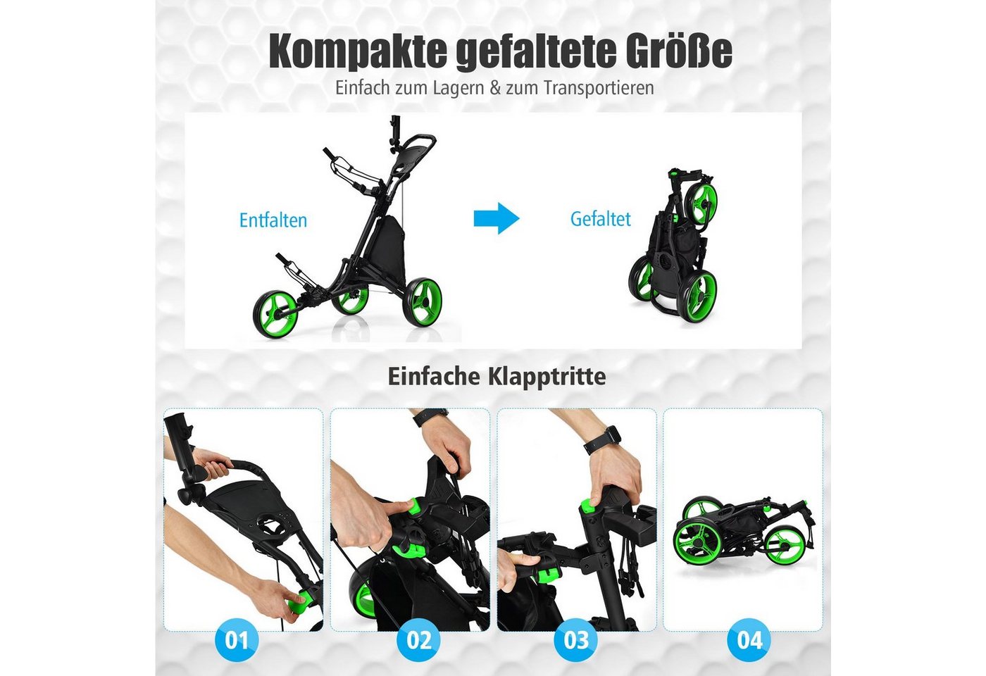 COSTWAY Golftrolley 3-Rad, mit verstellbarem Griff, Tasche Bild 2