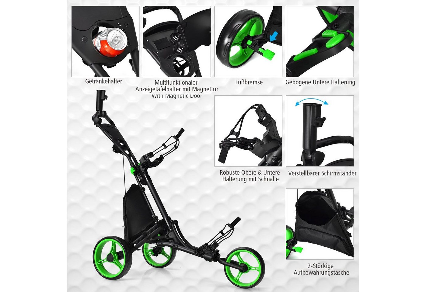 COSTWAY Golftrolley 3-Rad, mit verstellbarem Griff, Tasche Bild 3