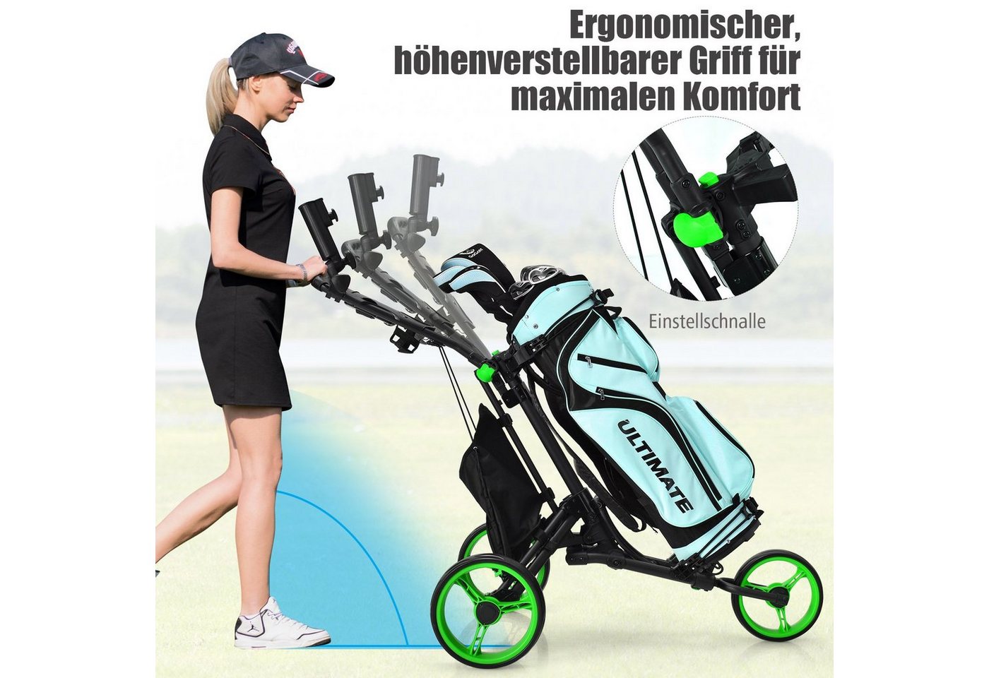 COSTWAY Golftrolley 3-Rad, mit verstellbarem Griff, Tasche Bild 4