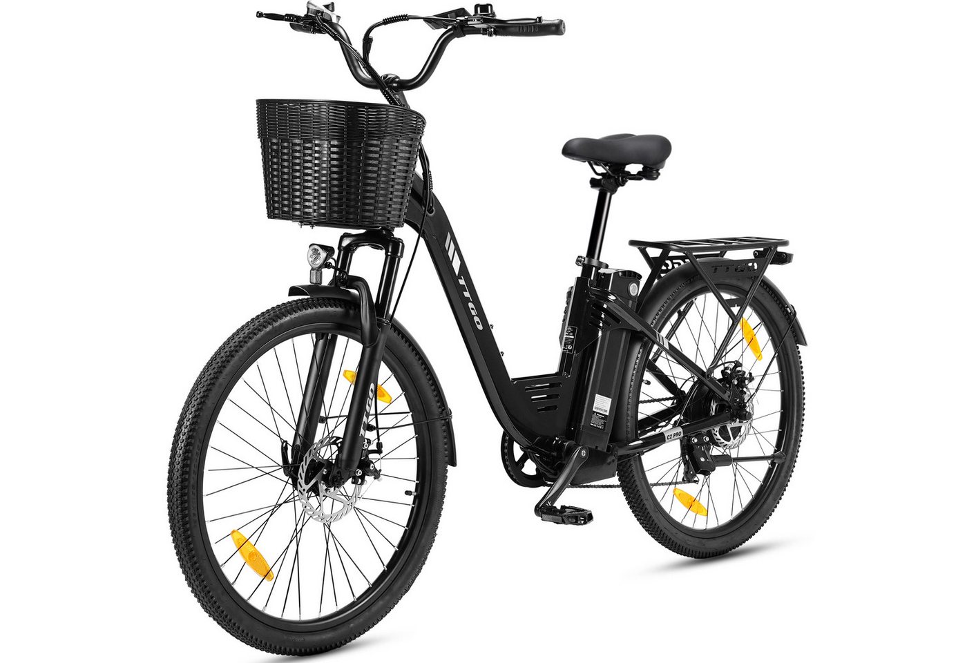 TTGO E-Bike Cityrad 26 Zoll, 648Wh, max. 120km, Federgabel, mit Frontkorb und Gepäckträger, 7 Gang SHIMANO, Kettenschaltung, Heckmotor, 648 Wh, (bis zu 125kg, für ca. 160–185cm, 5 Stufen, Pedelec), Aluminiumrahmen, Tiefeinsteiger, Elektrofahrrad für Damen Herren