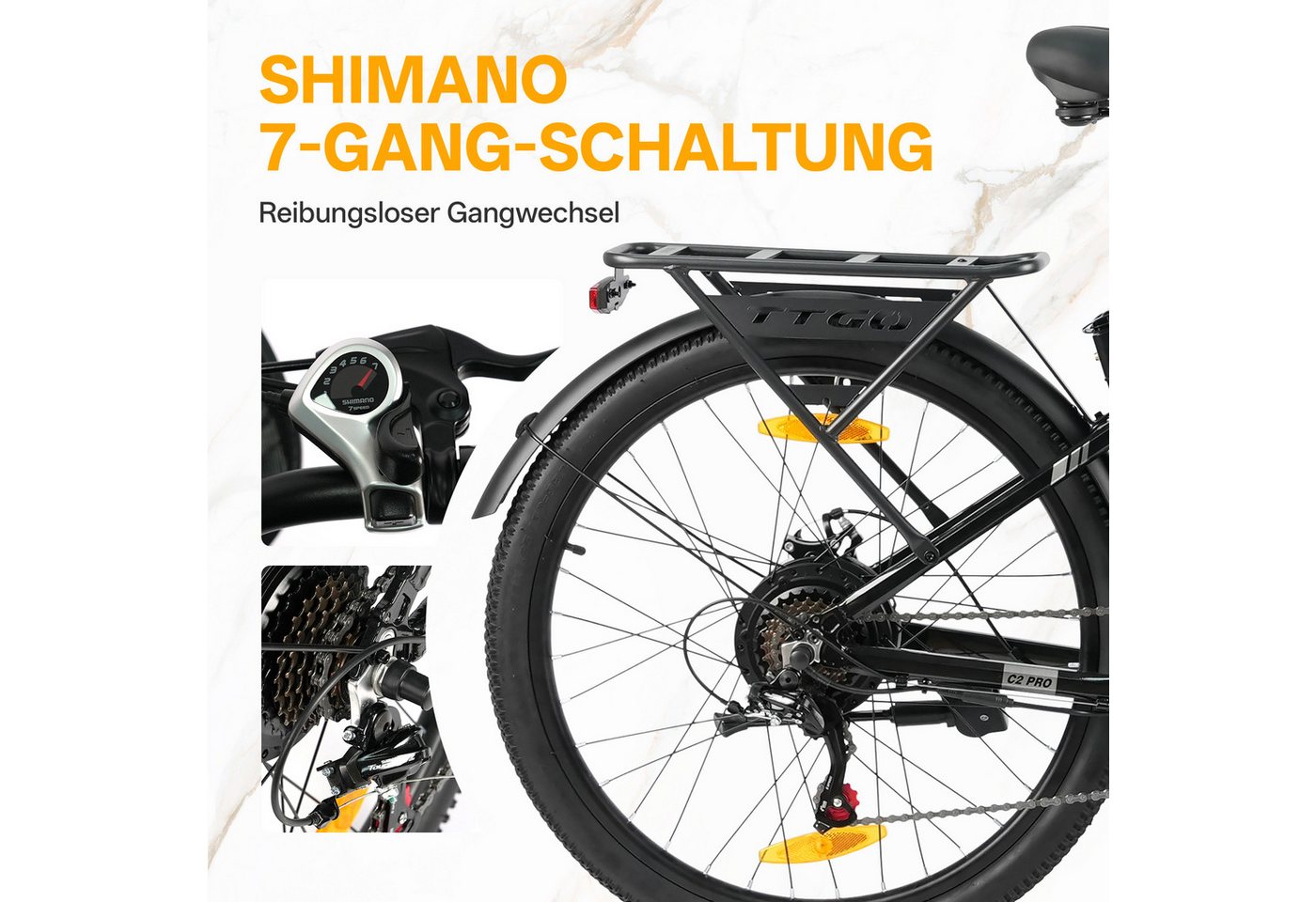 TTGO E-Bike Cityrad 26 Zoll, 648Wh, max. 120km, Federgabel, mit Frontkorb und Gepäckträger, 7 Gang SHIMANO, Kettenschaltung, Heckmotor, 648 Wh, (bis zu 125kg, für ca. 160–185cm, 5 Stufen, Pedelec), Aluminiumrahmen, Tiefeinsteiger, Elektrofahrrad für Damen Herren Bild 2