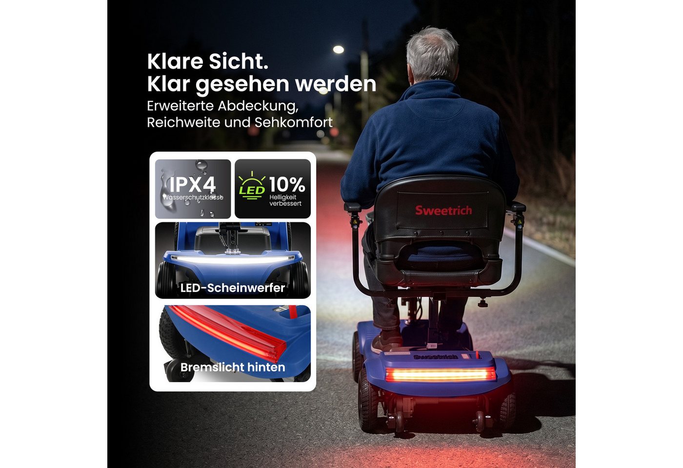 LVHOM Elektromobil faltbar Seniorenmobil, 4-Rad-Elektroroller, Rw. 25km, 12Ah, 250 W, 6 km/h, (abnehmbar Blei-Säure-Ionen Batterie + Handy-Ladeanschluss + vorderer Aufbewahrungskorb + abnehmbar/atmungsaktiv/höhenverstellbarer Sitz + verstellbarer Lenker + XXL-Fußraum), 136 kg Tr.Kr. Gesamtgewicht: 37kg