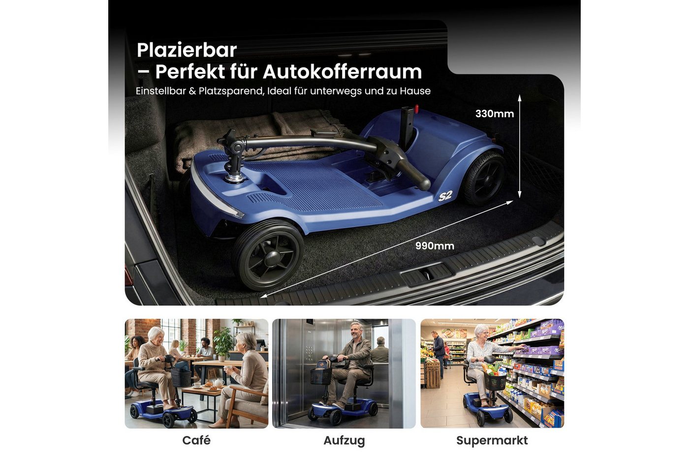 LVHOM Elektromobil faltbar Seniorenmobil, 4-Rad-Elektroroller, Rw. 25km, 12Ah, 250 W, 6 km/h, (abnehmbar Blei-Säure-Ionen Batterie + Handy-Ladeanschluss + vorderer Aufbewahrungskorb + abnehmbar/atmungsaktiv/höhenverstellbarer Sitz + verstellbarer Lenker + XXL-Fußraum), 136 kg Tr.Kr. Gesamtgewicht: 37kg Bild 3