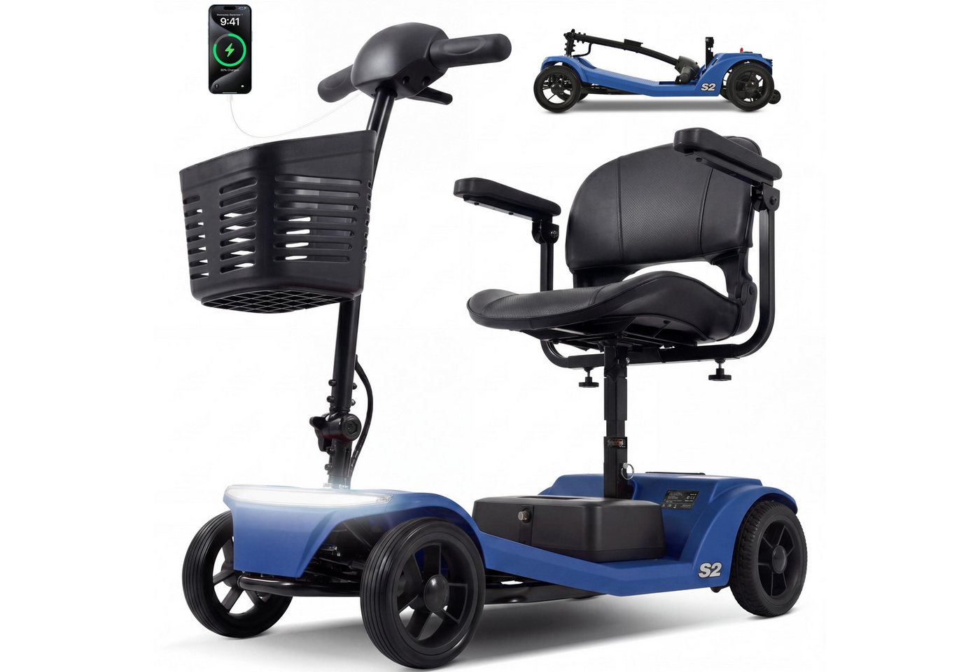 LVHOM Elektromobil faltbar Seniorenmobil, 4-Rad-Elektroroller, Rw. 25km, 12Ah, 250 W, 6 km/h, (abnehmbar Blei-Säure-Ionen Batterie + Handy-Ladeanschluss + vorderer Aufbewahrungskorb + abnehmbar/atmungsaktiv/höhenverstellbarer Sitz + verstellbarer Lenker + XXL-Fußraum), 136 kg Tr.Kr. Gesamtgewicht: 37kg Bild 4